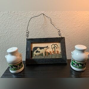 Vintage Artmark White Ceramic Countryside Farm Cow Salt Pepper and needlepoint